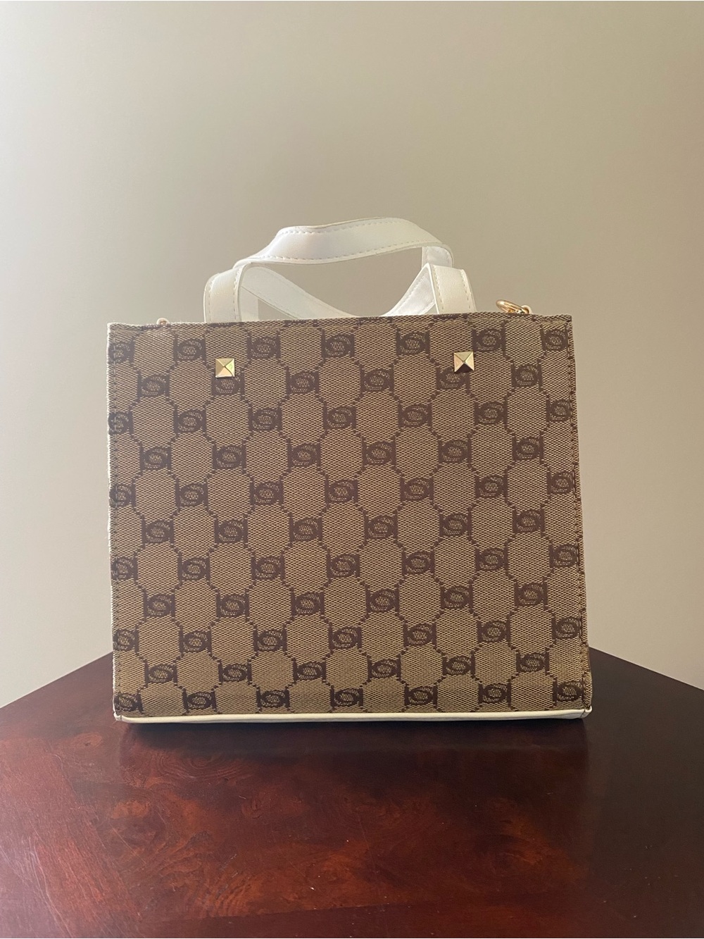 Bebe Talullah Los Angeles Monogram Jacquard Mini Satchel Bag Crossbody Tan White - Picture 2 of 12